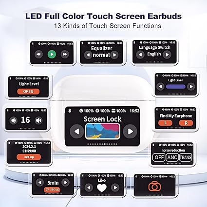 Premium Quality Full-Color LED Touchscreen Control Earbuds Active-Noise Cancellation(ANC)(ENC) Earbuds  (white) (black)