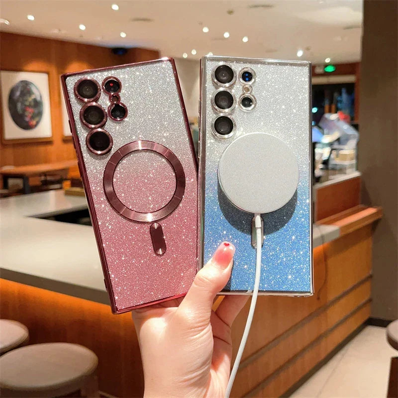 Glitter Luxury Magnetic Woman Case For Magsafe For Samsung Galaxy S24 S23 S22 S25 Ultra Plus Accessories Wireless Charging Cover