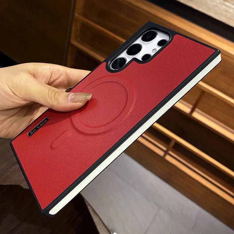 Luxury Matte Leather Magnetic Wireless Charge Case For Samsung Galaxy S24 Ultra S23 S22 Shockproof Soft Bumper Protection Cover