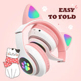 Flash Lamp Cute Cat Ears Headphone Bluetooth5.0 Stereo With Mic Support TF Card Wireless Kids Girl Earphone Birthday Gift