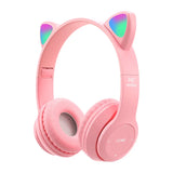 Flash Lamp Cute Cat Ears Headphone Bluetooth5.0 Stereo With Mic Support TF Card Wireless Kids Girl Earphone Birthday Gift
